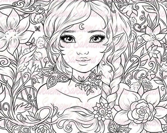 Elf Portrait Digital Stamp – Fantasy Spring Flowers Coloring Page (PDF)