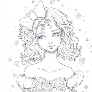 Digital Stamp line art coloring page beautiful fantasy nature woman inspired romantic portrait flowers portrait by Sakuems