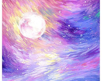 PRINT "Nothern moon" A beautiful sunset sky with swirls of colors and a full moon. Fantasy landscape by Sakuems