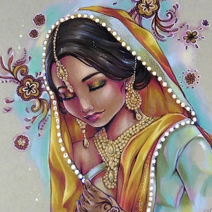 Art PRINT Photo Ravija - Beautiful Hindi Indian portrait woman saari yellow pink, flowers, baroque background by sakuems