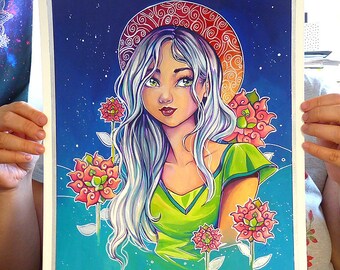 30 x 36 cm GOUACHE original painting portrait of beautiful girl with flowers and pattern, blue hair and cool swirls hat SILVER ink accents
