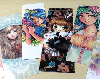 BOOKMARKS Fantasy romantic Manga Chibi beautiful women artworks laminated high quality colored bookmarks by Sakuems