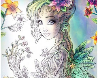 Livre A4 8,5x12" Fantasy COLORING beaux personnages naturels 20 designs jolies femmes, fleurs, fées, anges, princesses par Sakuems