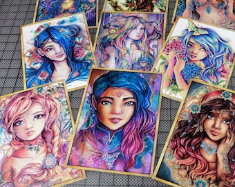 ACEOS Cards collection Fantasy art nouveau beautiful woman flowers, mermaids, angels, pretty girls by Sakuems