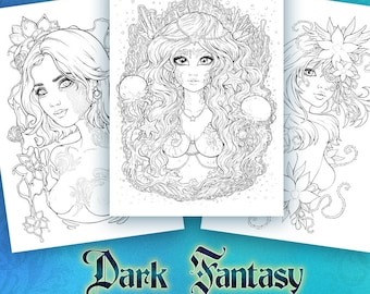 PDF DIGITAL COLORING book Dark Fantasy adult colouring 20 designs greyscale fairy magical witches gothic women coloring pages by sakuems