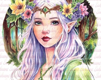 Fantasy Elf Woman Portrait Print, Floral Celtic Crown Design