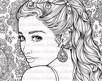 Digital stamp Fantasy portrait bollywood woman indian pattern - blank image to color line art by sakuems