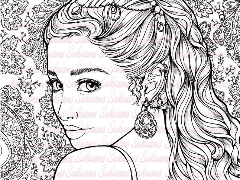 Digital stamp Fantasy portrait bollywood woman indian pattern blank image to color line art by sakuems image 1