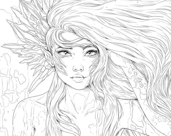 Crystal Warrior Woman Portrait – Fantasy Coloring Page (Digital Download)