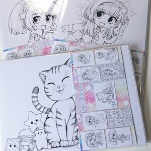 Peut inclure: Un ensemble de pages &agrave; colorier avec des personnages et des motifs mignons. Les pages comprennent un chat, une fille avec un n&oelig;ud et une vari&eacute;t&eacute; d'autres illustrations. L'ensemble est intitul&eacute; "Sweet Kawaii Coloring Set".