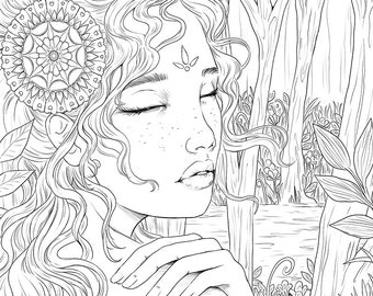 Meditation Woman Coloring Page – Fantasy Forest Art Therapy (Digital Download)
