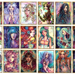 May include: A collection of 16 digital art prints featuring colorful illustrations of women with flowing hair and floral accents. Each print is framed in a gold border.