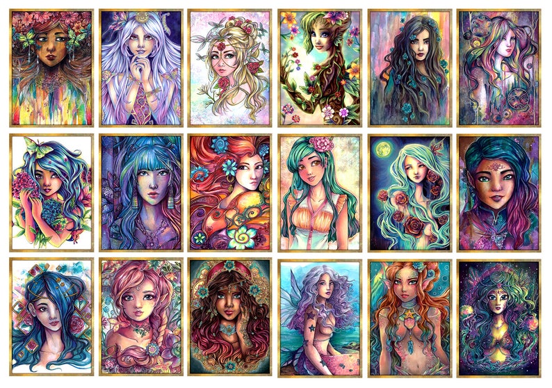 May include: A collection of 16 digital art prints featuring colorful illustrations of women with flowing hair and floral accents. Each print is framed in a gold border.