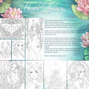 PDF DIGITAL Peaceful Fantasy coloring set with 15 beautiful magical characters, meditation, zen, mandalas, nature and landscapes by Sakuems image 5
