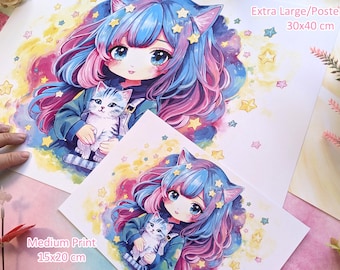 Neon Neko Art Print, Rainbow Hair Cat Girl, Kitten