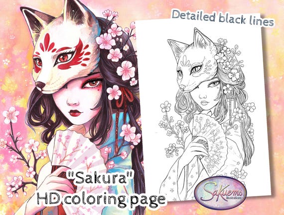 Digital Coloring Page Sakura Geisha Portrait Kitsune Fox Mask