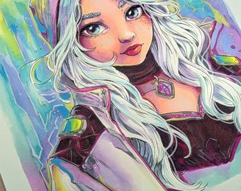 Rogue – Original Cyberpunk Illustration | Futuristic Female Warrior | Vibrant Neon Colors | Marker Art Drawing