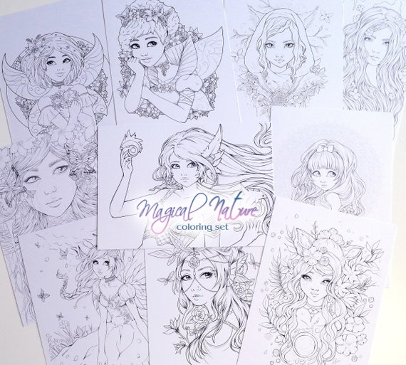 Adult Coloring Postcards SET A5/6x8 Thick Cardstock Pages With Fantasy  Romantic Magical Characters by Sakuems 