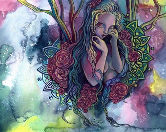 Art Print fantasy woman portrait "Embraced" meditation zen nature self love peaceful art by sakuems