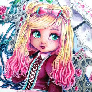ORIGINAL Sweet chibi lolita watercolor and gouache illustration cute pink manga girl with flowers and silver accents by sakuems