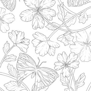 Digital coloring - Spring flowers pattern with butteflies, natural fantasy background coloring by Sakuems