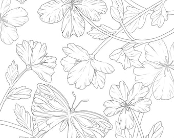 Digital coloring - Spring flowers pattern with butteflies, natural fantasy background coloring by Sakuems