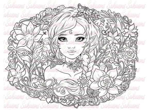 Digital Stamp Fantasy Portrait Cute Elf Spring Flowers Art Coloring Book Blank Image To Color Line Art By Sakuems