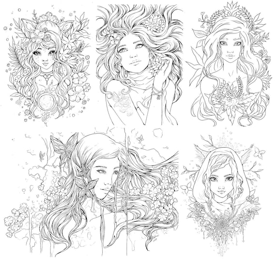 PDF DIGITAL Coloring Book Natural Enchantment Adult Colouring Book 20  Fantasy Fairies Spring Elves Pretty Woman Coloring Pages by Sakuems 
