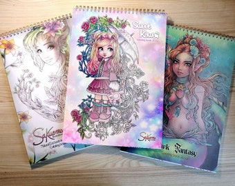 A4 8,5x12" Fantasy COLORING books + FREE print beaux personnages magiques 60 jolies fleurs fantastiques fées anges et sorcières par Sakuems