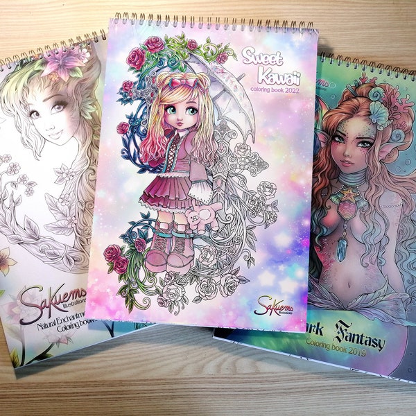 A4 8,5x12" Fantasy COLORING books + FREE print beaux personnages magiques 60 jolies fleurs fantastiques fées anges et sorcières par Sakuems