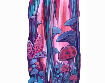 Art PRINT Mushroom fantasy forest - pink purple blue magical trees and plants artwork by Sakuems