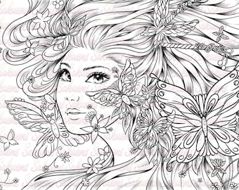 Fantasy Woman Portrait Digital Stamp – Butterfly Line Art (Digital Download)