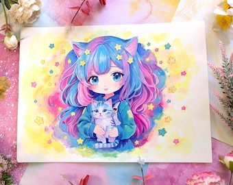 Original Neon Neko Watercolor Gouache Painting, Rainbow Hair Cat Girl Art