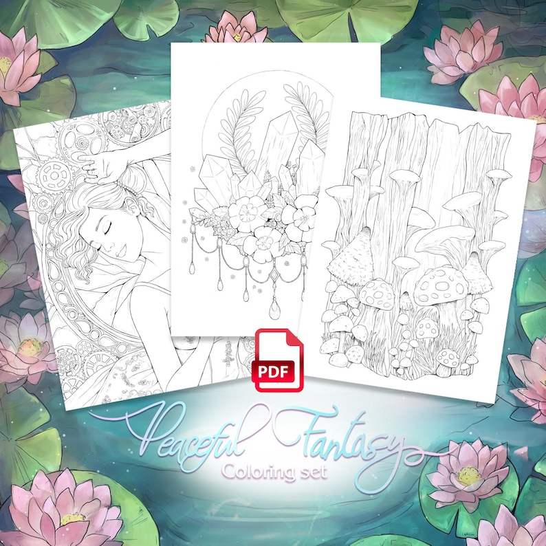 PDF DIGITAL Peaceful Fantasy coloring set with 15 beautiful magical characters, meditation, zen, mandalas, nature and landscapes by Sakuems image 1
