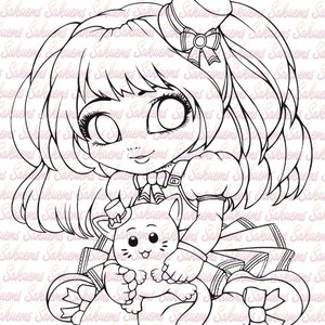 DIGITAL STAMP Lolita girl with kitten - gothic lolita / japanese manga - blank image to color - adult coloring cardmaking lineart by sakuems