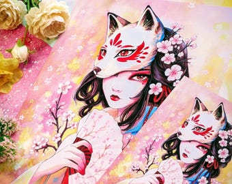 Kitsune Japanese Woman Art Print, Sakura Cherry Blossoms