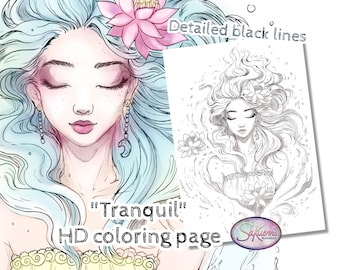 Adult coloring page Mystical Female Portrait with Lotus – Zen, Relaxing Fantasy Art by Sakuems