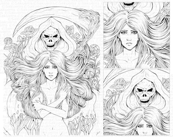 Gothic Halloween Art Print – Reaper, Roses, Fantasy Woman (Digital Download)