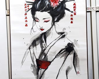 Original Japanese Geisha Painting, Ink Art on Rice Paper Scroll