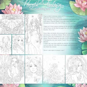 A4 8,5x12 Peaceful Fantasy coloring set with 15 beautiful magical characters, meditation, zen, mandalas, nature and landscapes by Sakuems image 2