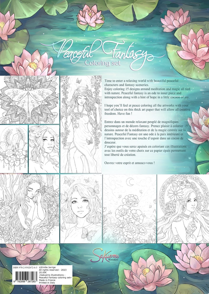 A4 8,5x12 Peaceful Fantasy coloring set with 15 beautiful magical characters, meditation, zen, mandalas, nature and landscapes by Sakuems image 2