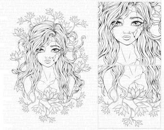 May include: A black and white line drawing of a woman with cracked skin and long flowing hair. She is surrounded by flowers and vines. The image is divided into three sections.