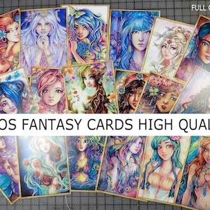 May include: A collection of 16 fantasy art cards featuring colorful illustrations of fairies, mermaids, and other mythical creatures. The cards are printed on high-quality cardstock and are perfect for collectors or for use in card games.