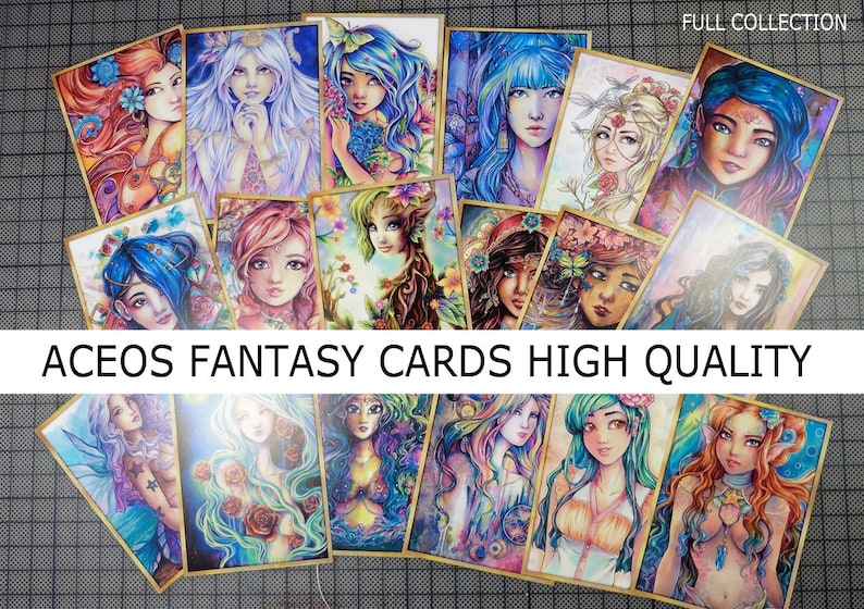 May include: A collection of 16 fantasy art cards featuring colorful illustrations of fairies, mermaids, and other mythical creatures. The cards are printed on high-quality cardstock and are perfect for collectors or for use in card games.