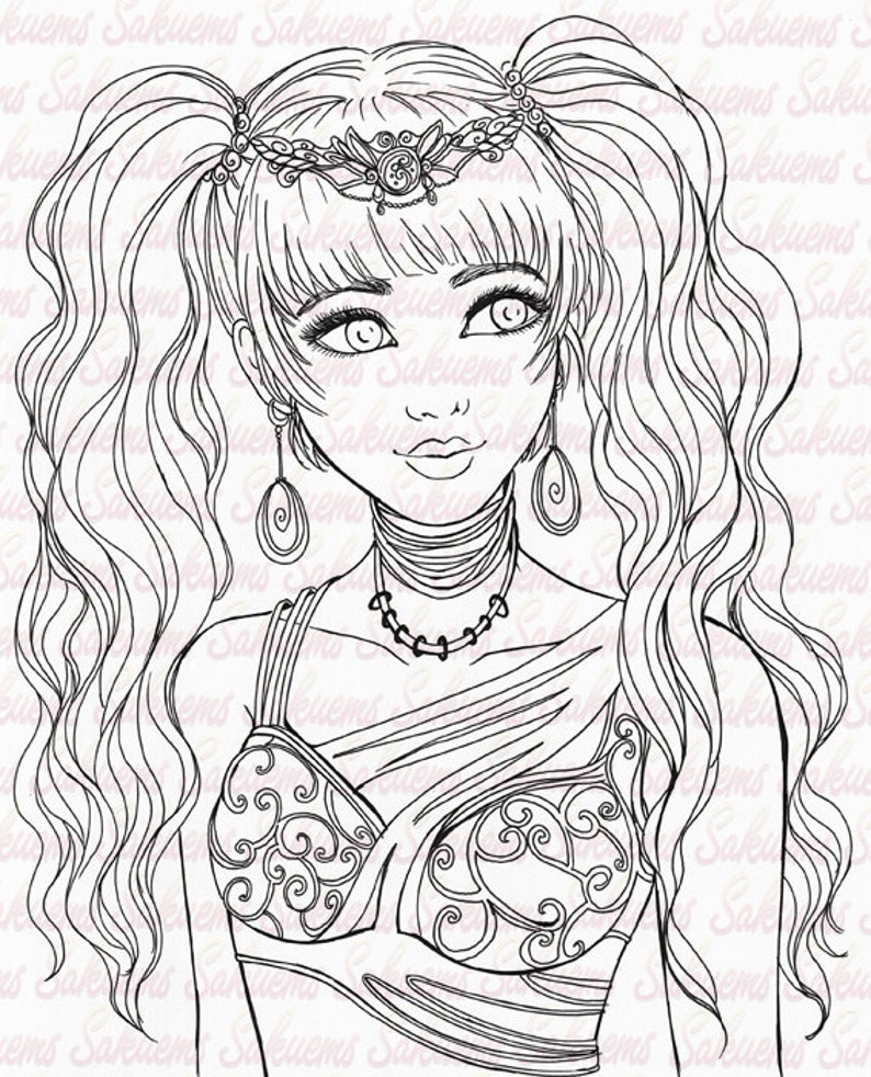 Digital stamp Fantasy portrait manga girl long hair princess blank image to color line art by sakuems image 1