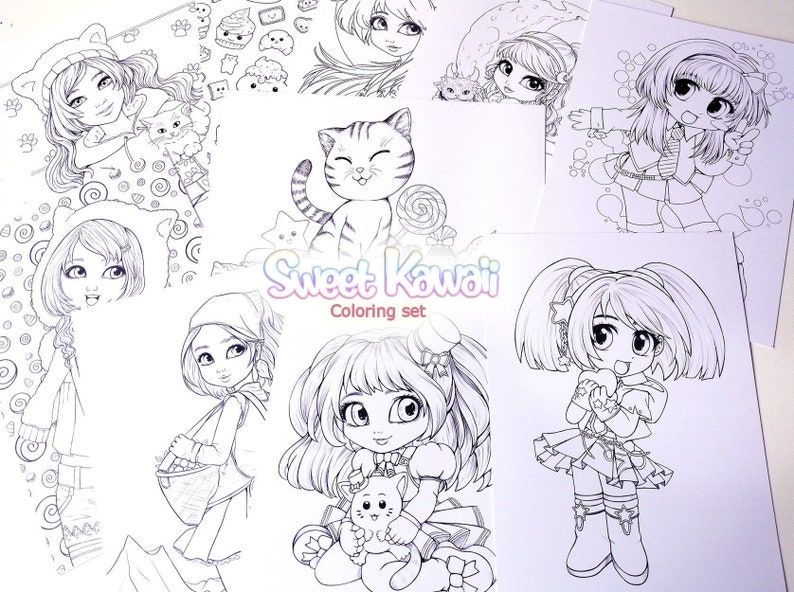 Peut inclure: Un ensemble de pages &agrave; colorier repr&eacute;sentant de jolis personnages kawaii, dont des filles avec des chats, un chat avec une sucette et une fille tenant un c&oelig;ur. Les pages sont intitul&eacute;es "Sweet Kawaii Coloring Set".