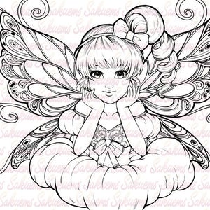 Digital stamp Fantasy portrait cute fairy art coloring book - blank image to color line art by sakuems