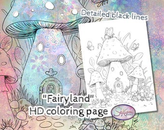 Mushroom House Coloring Page – Fairyland Printable, Detailed Line Art, adult coloring by Sakuems