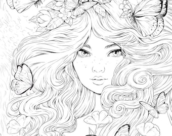 Forest Spirit Coloring Page – Fantasy Girl Portrait with Butterflies (Digital Download)