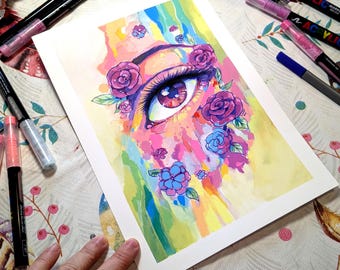 ORIGINAL painting eye fantasy grunge tatoo design nature flowers colorful artwork by Sakuems